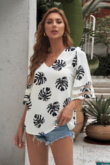 Leaf Print V-Neck Half-Sleeve Chiffon Shirt