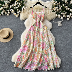 Women's summer palace style floral suspender dress