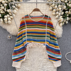 Lazy holiday style color knitted hollow tassel design long-sleeved top for women