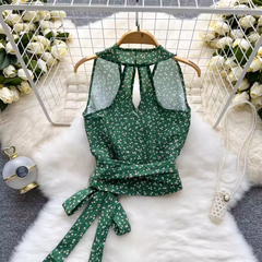 Lace-up slim cropped floral top ,