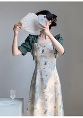 Retro square neck dress for women summer French style patchwork floral long dress