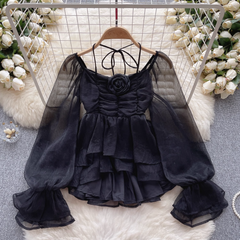 Puff sleeve shirt women's chic three-dimensional floral chiffon top