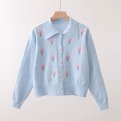 Floral embroidered POLO collar short knitted cardigan