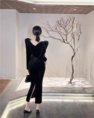 women's v-neck velvet black dress