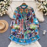 Printed skirt women's stand collar lantern sleeve dress