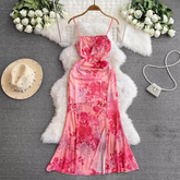 Women's irregular smudged print suspender dress