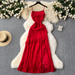 Red dress sexy slit ruffled patchwork holiday skirt
