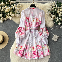 Long-sleeved stand-up collar lantern long-sleeved printed skirt women's court style dress