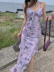women's summer purple butterfly print suspender dress