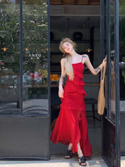 women's summer red suspender dress