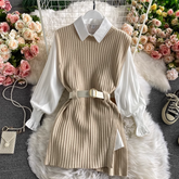 Long Shirt Tie Knit Vest Two-Piece Set,