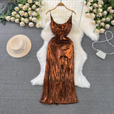 Women's mid-length a-line glossy metallic suspender dress