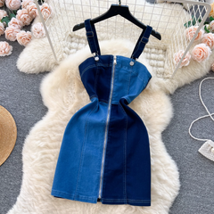 women's summer retro contrast color denim suspender dress
