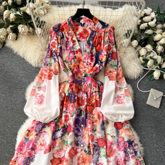 Women's V-neck long printed dress