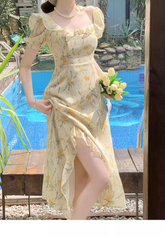 Beach vacation yellow floral puff sleeve dress for women summer