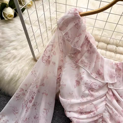 Pink Floral Fairy Dress Summer Chiffon V-neck Wrap Dress ,