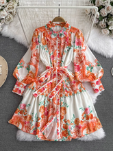 Lantern long sleeve lapel a line print dress for women