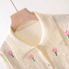 Floral embroidered POLO collar short knitted cardigan