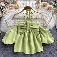 Halter Neck Bubble Short Sleeve Top,