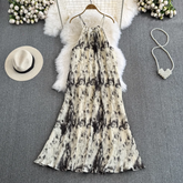 Summer retro design halterneck off-shoulder loose sleeveless a-line smudged suspender dress