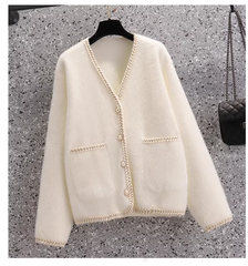 Women's Fashion White Sweater Fleece Knitted Jacket