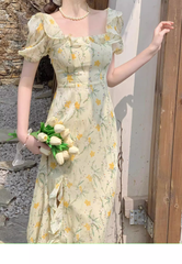 Beach vacation yellow floral puff sleeve dress for women summer