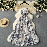 Women's summer retro ink print suspender dress