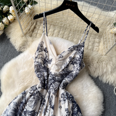 Women's summer retro ink print suspender dress