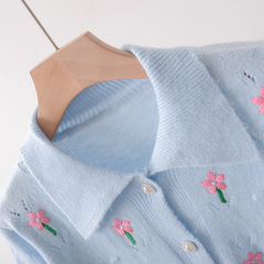 Floral embroidered POLO collar short knitted cardigan