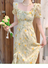 Beach vacation yellow floral puff sleeve dress for women summer