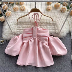 Halter Neck Bubble Short Sleeve Top,