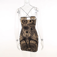 Women's summer printed hollow sexy suspender dress