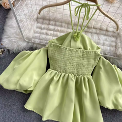 Halter Neck Bubble Short Sleeve Top,