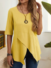Irregular round neck mid-sleeve linen top