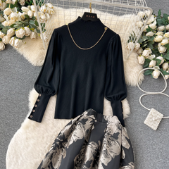 Women's Half Turtleneck Sweater Knitwear Two Piece Set High Waist Dress