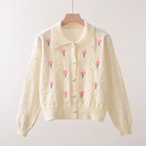 Floral embroidered POLO collar short knitted cardigan
