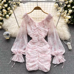 Pink Floral Fairy Dress Summer Chiffon V-neck Wrap Dress ,