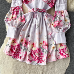 Long-sleeved stand-up collar lantern long-sleeved printed skirt women's court style dress