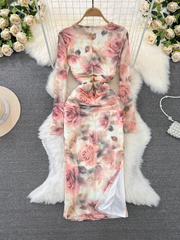 Long-sleeve padded square-neck mid-length slit printed dress