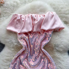 Pink Ruffle Neckline Sequins Dress ,