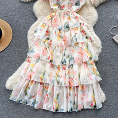 Women's suspender floral dress summer chiffon dress