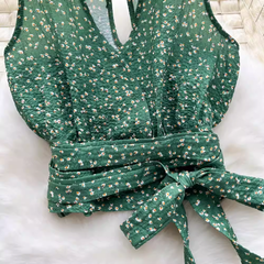 Lace-up slim cropped floral top ,