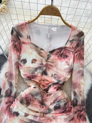 Long-sleeve padded square-neck mid-length slit printed dress