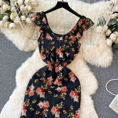 women's summer retro floral suspender dress