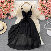 V Neck Open Back Ruffle Knot Backless Dress,