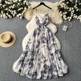 Women's summer retro ink print suspender dress
