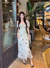 Women's summer retro butterfly print puff sleeve dress