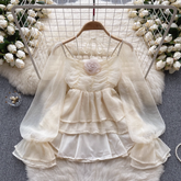 Puff sleeve shirt women's chic three-dimensional floral chiffon top