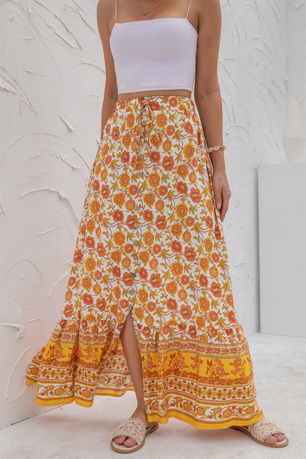 High-Waist Printed Button-Up Slit Skirt