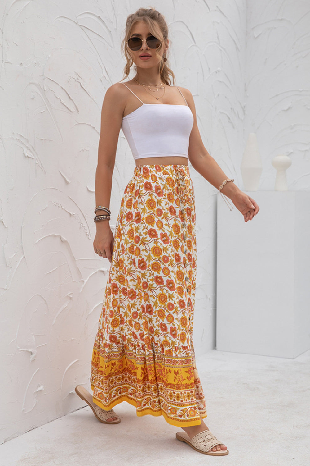 High-Waist Printed Button-Up Slit Skirt